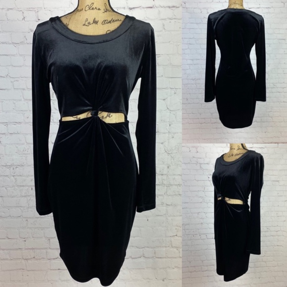 Gianni Bini Black Velvet Peekaboo Front Long Sleeve Dress